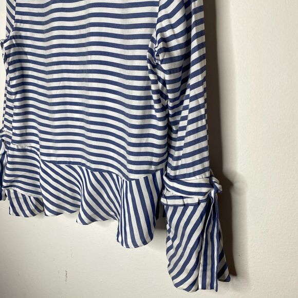 Artelier Blue and White Stripe Collar Button Down Bell Tie Sleeve Blouse XS - Picture 7 of 11